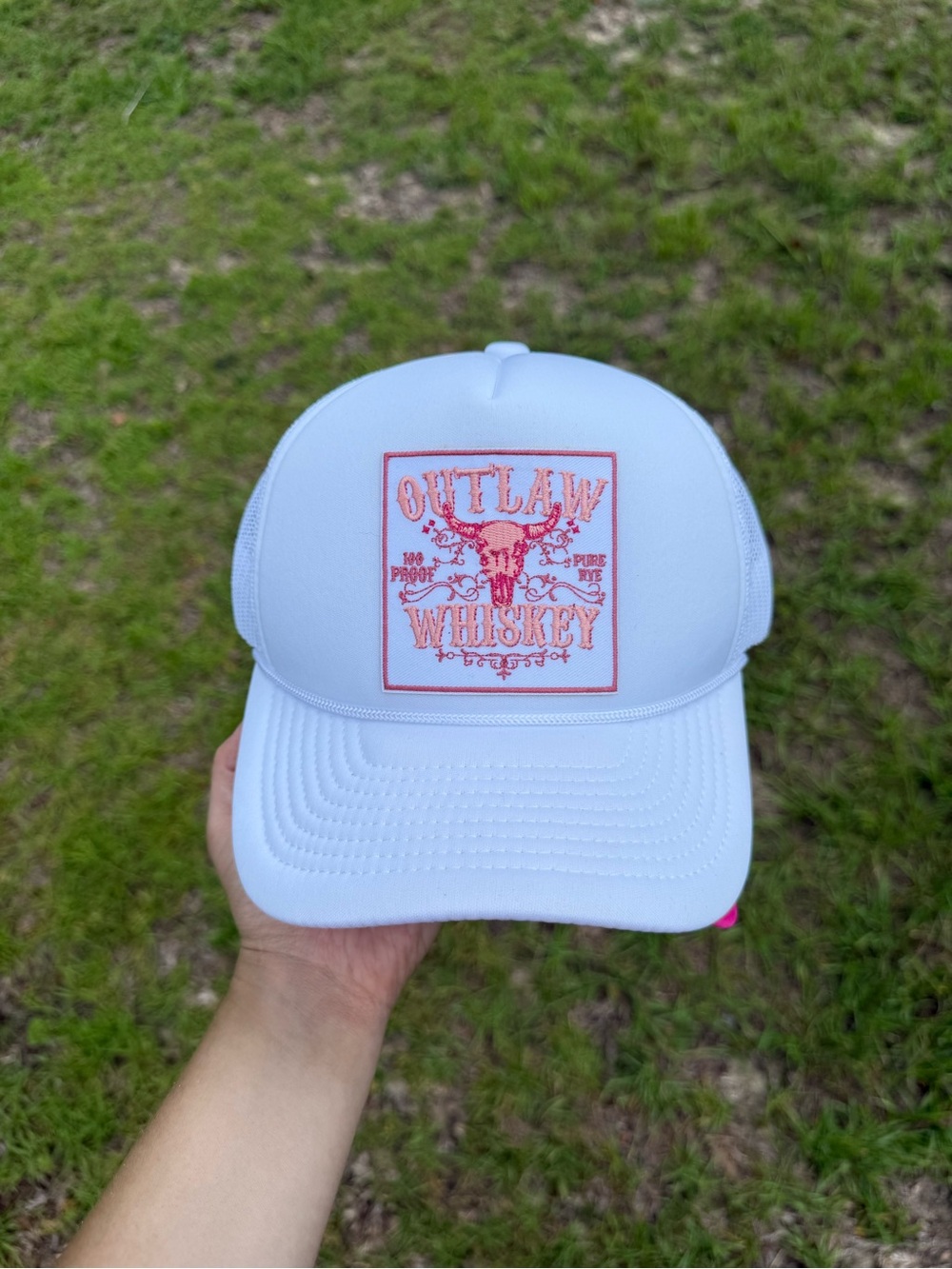 White Trucker Hat with Pink Patch